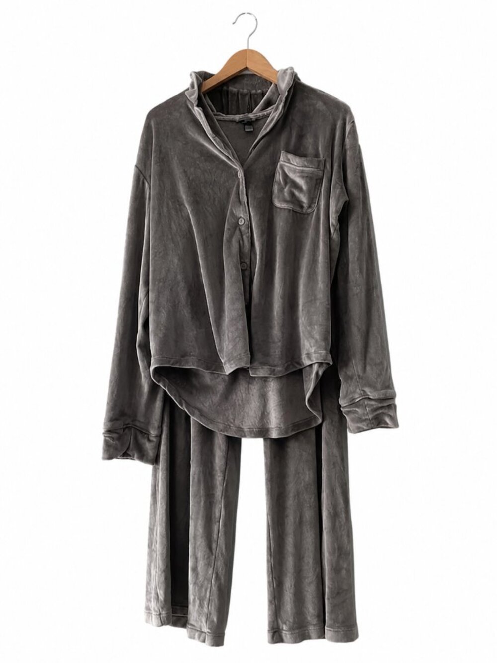 SKIMS Gray Velour Pajama Set Long Sleeve Top Wide Leg Pants M